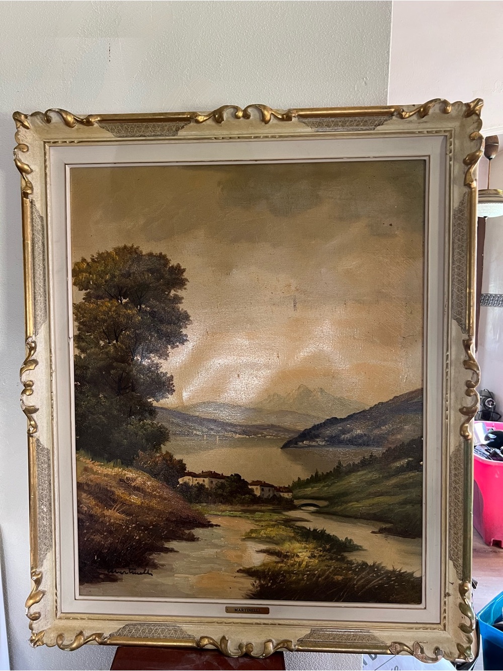 Serene Landscape Oil Painting in Cream and Gold Frame
